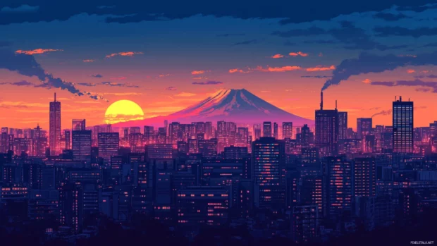 Tokyo skyline glowing at sunset with Mount Fuji visible in the background, urban landscape filled with life.