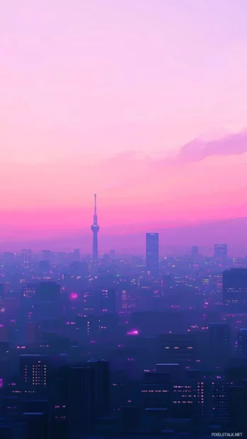 Tokyo skyline stretching endlessly under a soft pink and purple dusk sky.