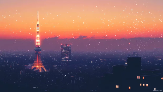 Tokyo tower standing tall against a pastel sunset with city lights sparkling below.