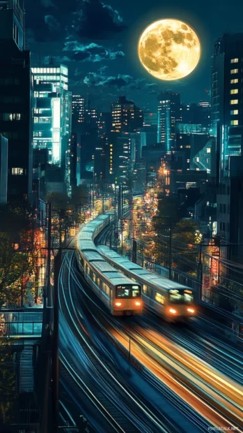 Tokyo trains speeding past under a full moon illuminating the night cityscape.