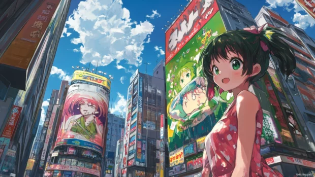 Tokyo urban landscape filled with anime inspired billboards and electric colors.