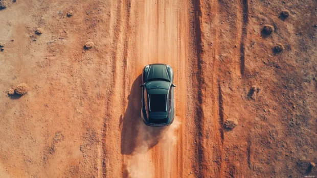 Top down view of a Porsche Macan crossing a desert track for an adventurous 4K wallpaper.