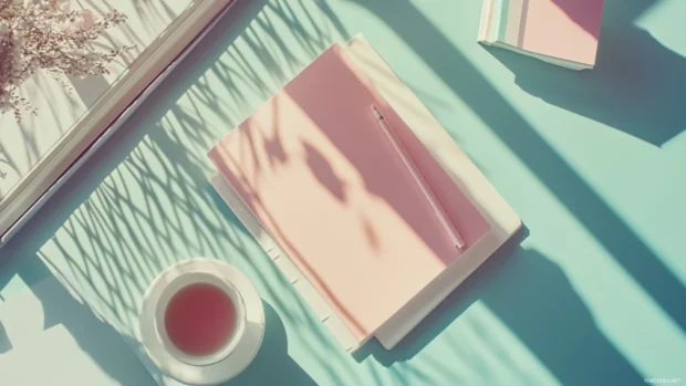 Top view of an aesthetic book with pastel stationery and calming shadows.