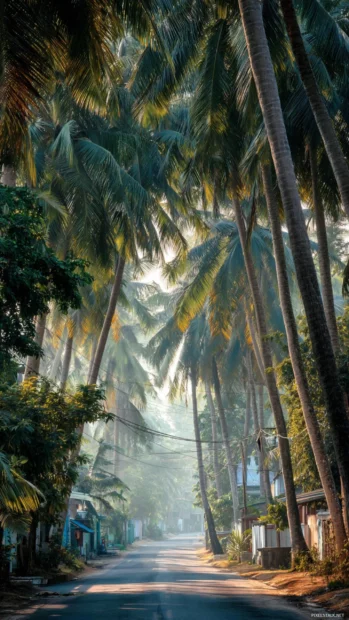 Towering Palm trees lining a quiet tropical street with soft morning haze.