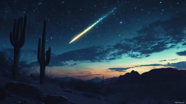Towering cacti cast dramatic shadows across the desert floor as a brilliant comet streaks across the night sky.
