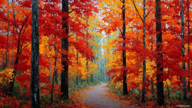 Towering fall trees in a quiet forest pathway, their leaves painted in rich red, orange, and gold.