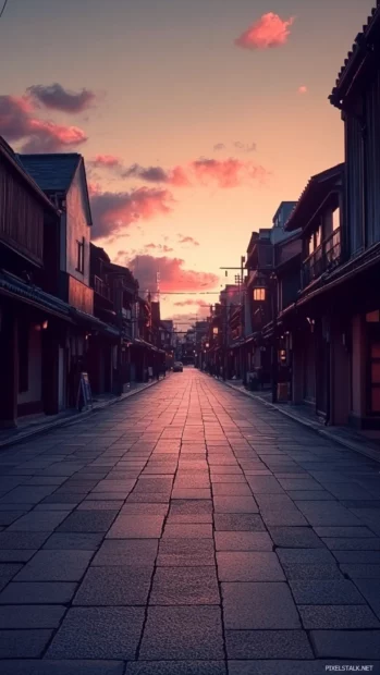 Traditional Japan iPhone wallpaper capturing a street of old wooden houses in Gion district at dusk.