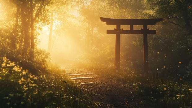 Traditional Japan torii gates standing tall along a serene forest path bathed in soft golden light.