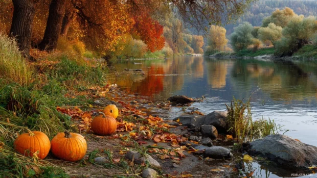 Tranquil fall riverbank with pumpkins lying near the shore, surrounded by orange and red trees.