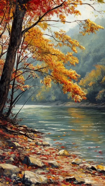 Tranquil riverbank where fishing takes place under autumn trees, rich colors.
