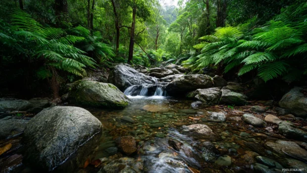 Tranquil waterfall desktop wallpaper with gentle stream cascading over smooth stones surrounded by vibrant green ferns.