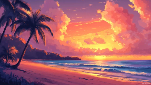 Tropical beach at sunset wallpaper 2560x1440 with palm trees and golden sands.