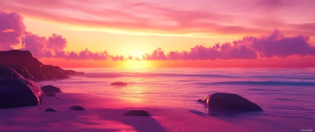 Tropical beach at sunset with vivid pinks and oranges, designed for 3440x1440 ultra wide wallpaper.