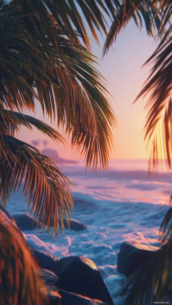 Tropical coastline with aesthetic palm tree leaves dancing under a soft sunset breeze.