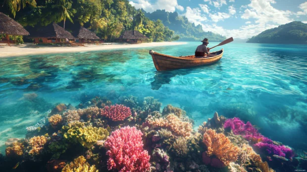 Tropical fishing wallpaper 4K showing colorful waters, coral reefs, and a fisherman on a rustic canoe.
