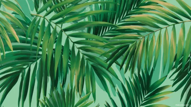 Tropical palm leaf wallpaper illustrating bold green fronds overlapping on pale aqua platform.