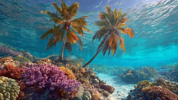 Tropical palm tree 4k background showing colorful palms beside coral reef blue ocean under noon sun.