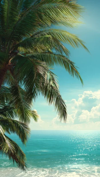 Tropical palm tree phone wallpaper with lush green fronds framing turquoise ocean under bright midday sun.