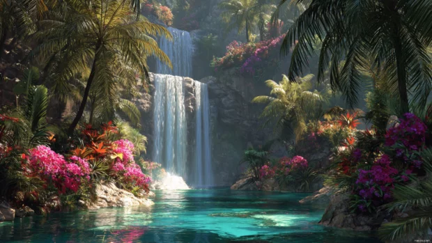 Tropical waterfall 4k wallpaper illustrating vibrant falls surrounded by palm trees and exotic flowers in bright sunlight.