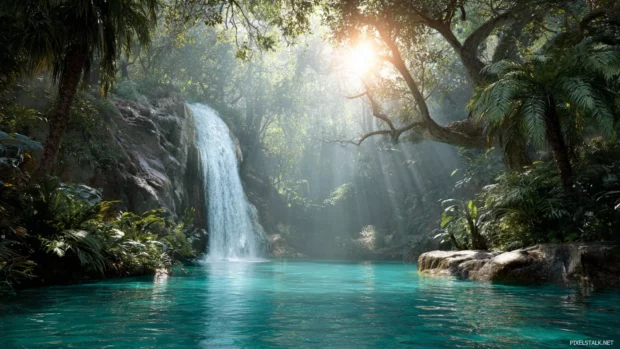 Tropical waterfall PC wallpaper emphasizing secluded jungle oasis with bright blue water and sunbeams filtering through dense canopy.