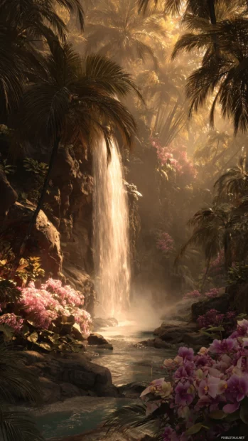 Tropical waterfall iPhone wallpaper showing slender waterfall surrounded by lush palms and orchids in golden light.