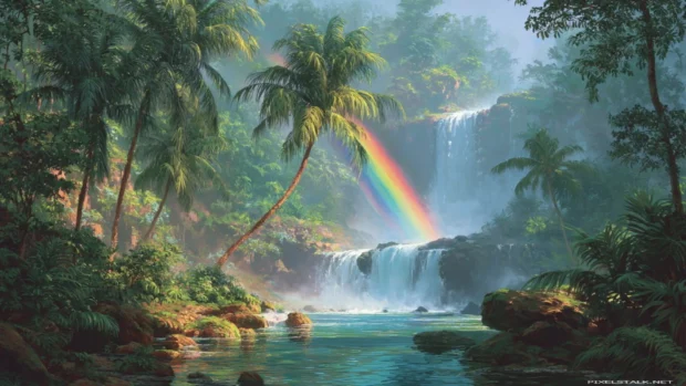 Tropical waterfall rainbow wallpaper illustrating a hidden jungle fall with cascading water and vivid rainbow framed by exotic palms (2).