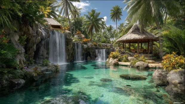 Tropical waterfall wallpaper illustrating exotic cascade tumbling into clear lagoon below palm roofs.