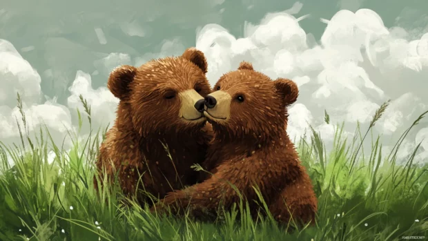 Two brown bears playing on a grassy field under cloudy skies.