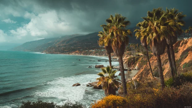 Ultra hd palm tree wallpaper depicting towering palms along rugged coastal cliff under moody clouds.