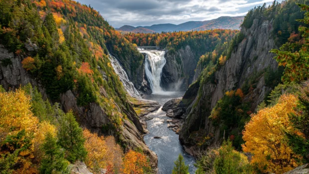 Ultra hd waterfall desktop wallpaper showing wide river fall framed by towering cliffs and autumn foliage.