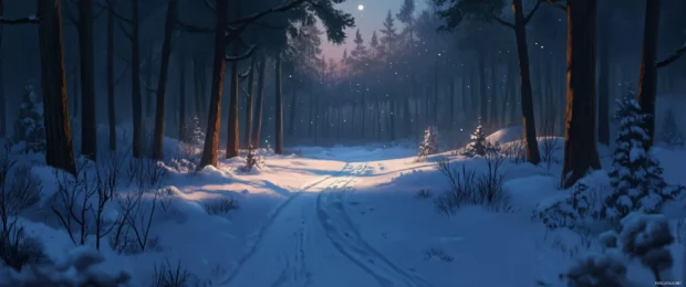 Ultrawide 3440x1440 wallpaper capturing the serene stillness of a snowy forest path under moonlight.