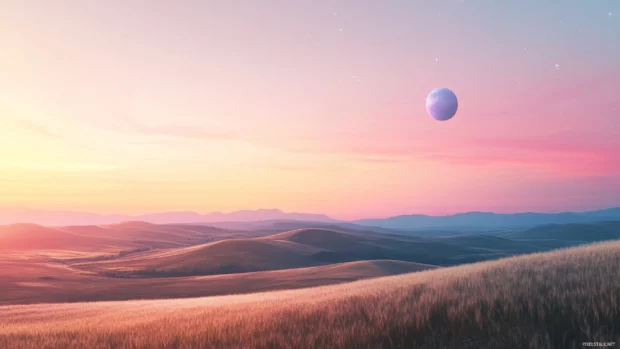 Under a pastel dusk, rolling hills of golden wheat shimmer gently while planets rise softly into view.