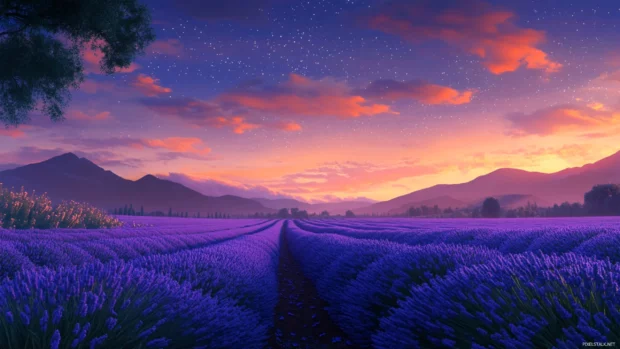 Under a pastel sunrise, natures lavender fields stretch endlessly while faint stars still linger in the early sky.