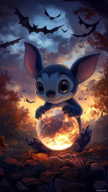 Under a sky filled with bats, Stitch holds a glowing crystal ball.