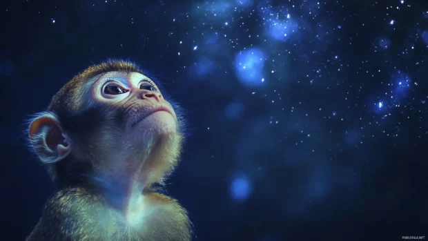Under a starry sky cute monkey gazes up with wonder and joy.