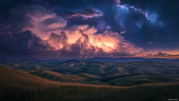 Under a stormy sky, rolling hills are illuminated by lightning flashes while the nebula filled heavens glow in the distance.
