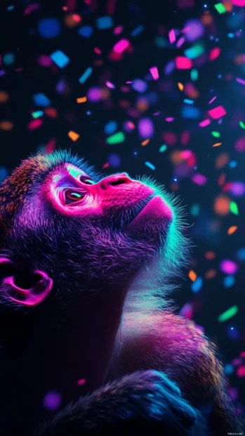 Under falling neon confetti cool monkey throws a playful wink.