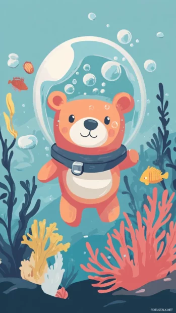 Underwater scene with a Cute Bear in a bubble helmet exploring coral reefs.