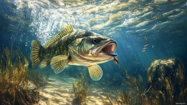 Underwater scene with a largemouth bass striking a lure during bass fishing adventure.