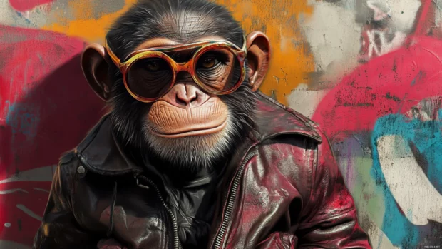 Urban street cool monkey in leather jacket, surrounded by graffiti vibes, cool monkey desktop wallpaper.