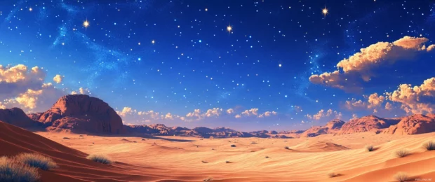 Vast desert landscape under a star filled sky, ideal as a 3440x1440 ultra wide wallpaper.