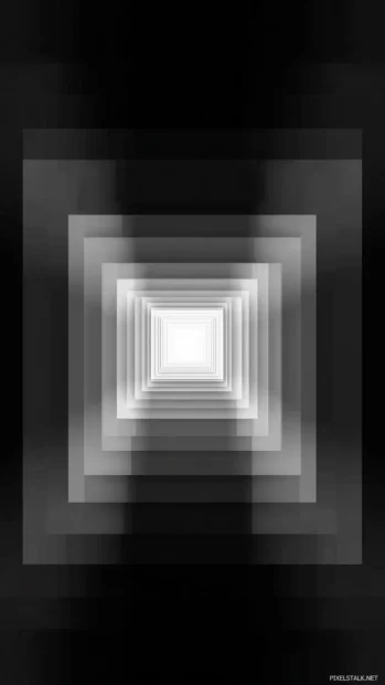 Vertical Black Geometric symmetry with concentric squares fading into black.