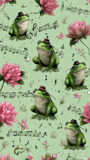 Vertical Frog Phone Wallpaper pattern of frogs wearing tiny hats, surrounded by musical notes and flowers.