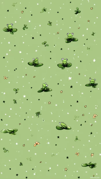 Vertical Frog Phone Wallpaper pattern with tiny frogs, leaves, and stars scattered across a soft green backdrop.