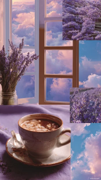 Vertical aesthetic lavender montage featuring cozy windows, lavender coffee and sky views.