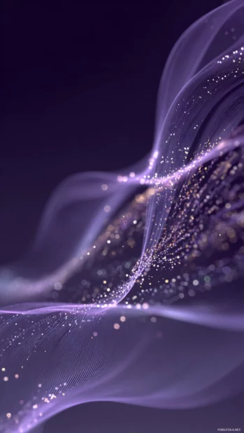 Vertical design of soft waves and light particles glowing in lavender color.
