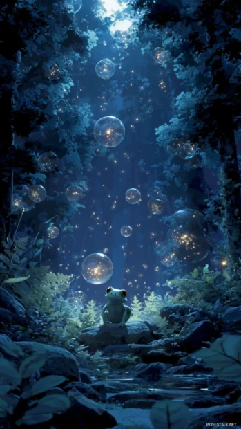Vertical fantasy scene with a Cute Frog surrounded by glowing orbs in a moonlit forest.