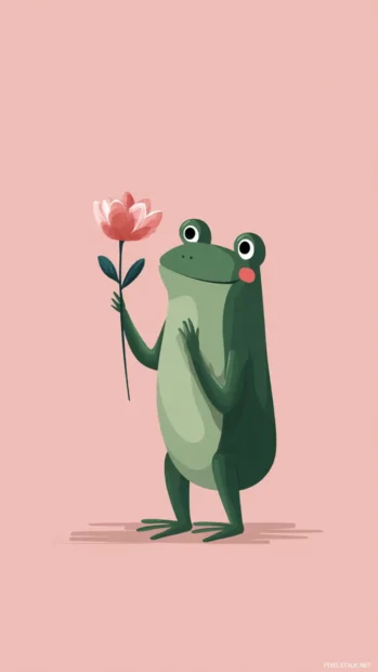 Vertical flat illustration of a cute Frog holding a flower, pastel tones and simple cartoon style.