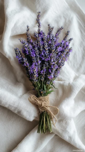 Vertical image of a lavender bouquet tied with twine resting on white cotton fabric.