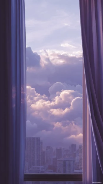 Vertical lavender aesthetic blending photos of clouds, city rooftops and soft curtains.